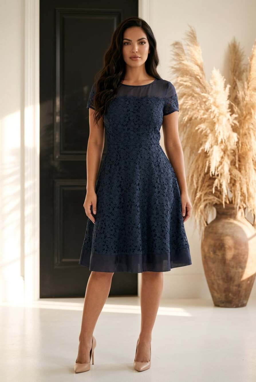 Karl Lagerfeld Paris Navy Blue Floral Lace Cap Sleeve Mini Dress